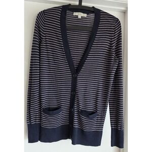 LOFT Navy Blue Mauve Striped Button Front Cardigan Sweater - Small - Preppy
